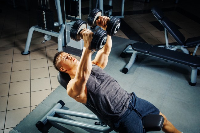 Young man at the gym chest workout with dumbbells