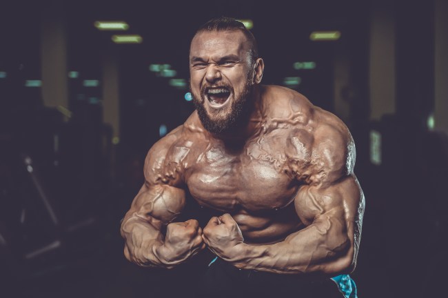 Handsome fit caucasian muscular man flexing his muscles in gym on diet. Brutal bodybuilder powerful training and execute exercise