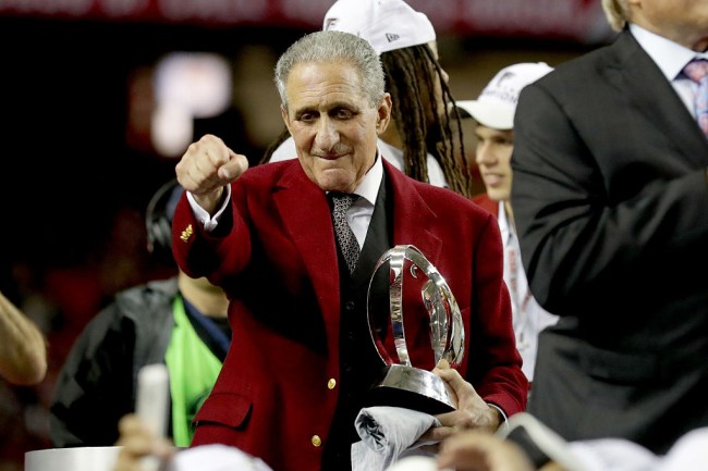 ATLANTA, GA - JANUARY 22: Atlanta Falcons owner Arthur Blank holds the George Halas trophy after defeating the Green Bay Packers in the NFC Championship Game at the Georgia Dome on January 22, 2017 in Atlanta, Georgia. The Falcons defeated the Packers 44-21. (Photo by Streeter Lecka/Getty Images)