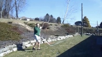 Dude Attempts To Crack 80ft Whip, FAILs, Takes The Skin Off His Leg