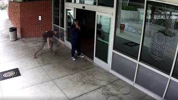 You Won’t See A More Spine-Jarring Tackle Than This Cop DESTROYING Man Attacking A Police Station With A Bat