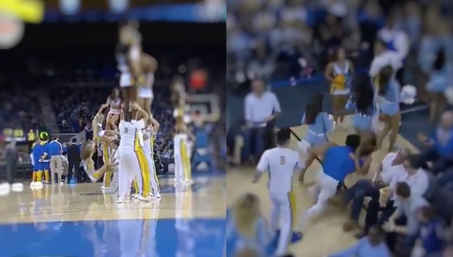 UCLA cheerleader falls twice