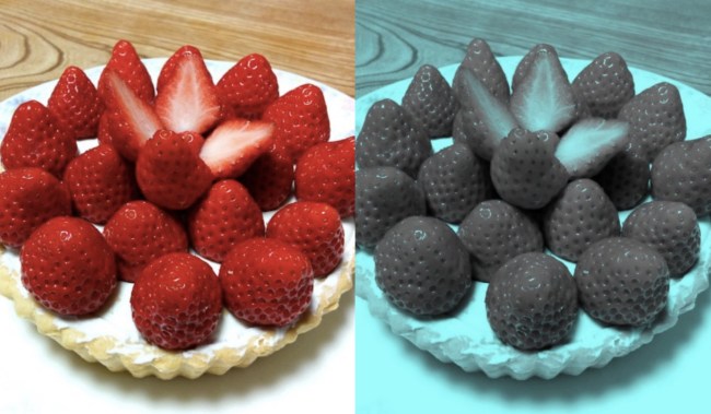 blue green strawberries optical illusion