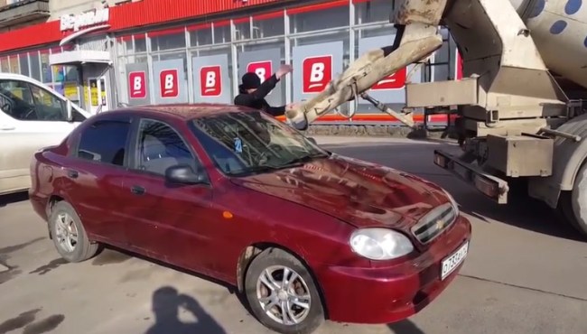 husband fills wifes car with concrete