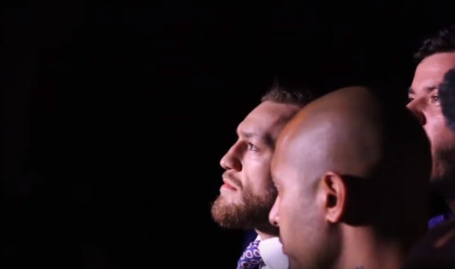 Guy sneaks backstage at McGregor vs Mayweather press conference in London and walks out with McGregor's team.