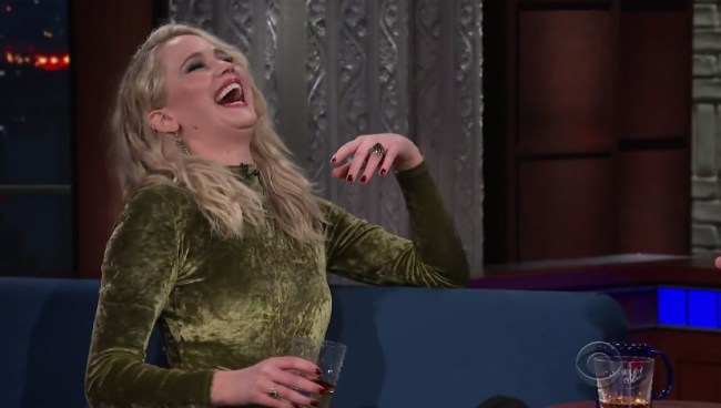 jennifer lawrence drunk rum stephen colbert late show