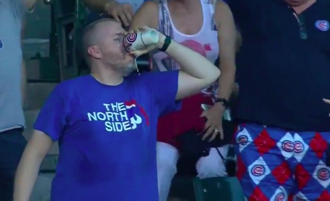 cubs fan chugs beer foul ball