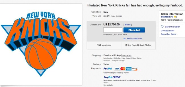 knicks fan auctioning allegiance ebay