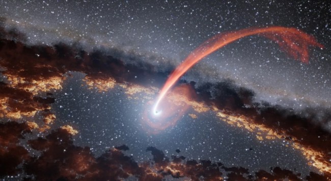 This illustration shows a glowing stream of material from a star as it is being devoured by a supermassive black hole in a tidal disruption flare.