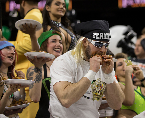 PHILADELPHIA, PA - FEBRUARY 5: Termite eats chicken wings during Wing Bowl 24 on February 5, 2016 at the Wells Fargo Center, Pennsylvania. (Photo by Mitchell Leff/Getty Images)