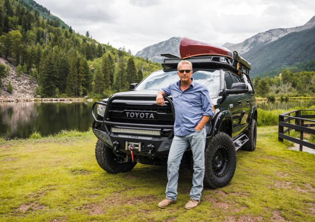 Toyota teamed up with Academy Award-winning actor and director Kevin Costner to build the ultimate outdoor adventure Tundra. Based on a Platinum-trim truck, Costners Tundra features fully fabricated steel bumpers front and rear, heavy duty winches, custom auxiliary lighting, 35-inch tires, and a 4.5-inch lift using Fox coilovers. This Tundra has already been tested in the field, accompanying its owner to on-location filming and camping excursions.