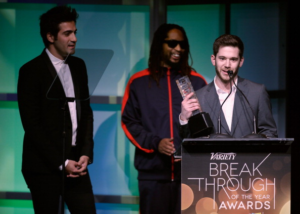 LAS VEGAS, NV - JANUARY 09:  Honorees Rus Yusupov (L) and Colin Kroll (R) accept the Breakthrough Award for Emerging Technology from rapper Lil Jon (C) onstage at the Variety Breakthrough of the Year Awards during the 2014 International CES at The Las Vegas Hotel & Casino on January 9, 2014 in Las Vegas, Nevada.  (Photo by Isaac Brekken/Getty Images for Variety)