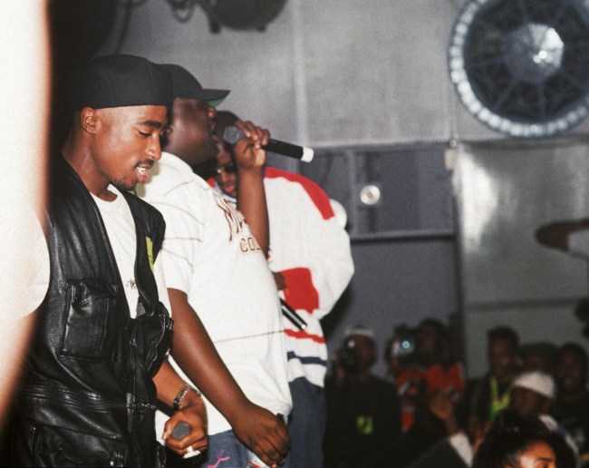 NEW YORK - JULY 23: Rappers Tupac Shakur, The Notorious B.I.G. aka Biggie Smalls (Christoper Wallace) and Puff Daddy (sean Combes) perform onstage at the Palladium on July 23, 1993 in New York, New York. (Photo by Al Pereira/Michael Ochs Archives/Getty Images)