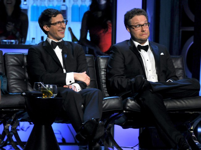 CULVER CITY, CA - AUGUST 25: (L-R) Actors Andy Samberg and Seth Rogen onstage during The Comedy Central Roast Of James Franco at Culver Studios on August 25, 2013 in Culver City, California. The Comedy Central Roast Of James Franco will air on September 2 at 10:00 p.m. ET/PT. (Photo by Lester Cohen/WireImage)