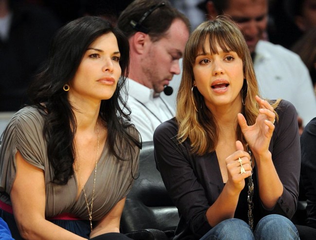 ©2009 GAMEPIKS Actress Jessica Alba (R) and television news anchor Lauren Sanchez sit courtside as they attend the Los Angeles Lakers/Houston Rockets NBA game at Staples Center in Los Angeles on April 4, 2009. The Lakers defeated the Rockets 93-81. XYZ (Photo by Philip Ramey/Corbis via Getty Images)