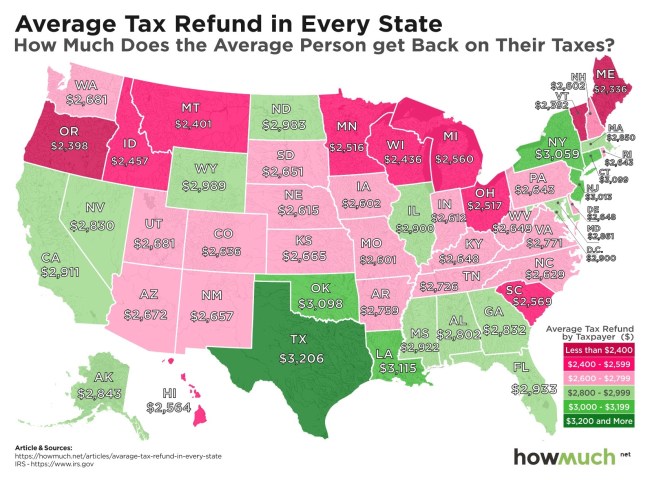 Map America Shows The Average Tax Refund In Every State