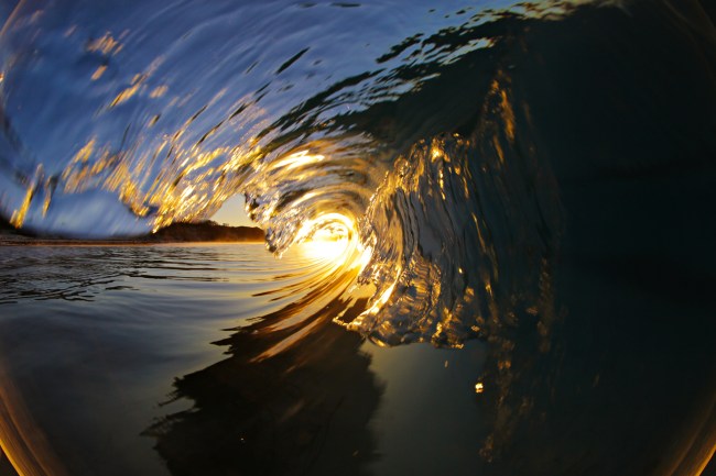 A barreling wave illuminated by the setting sun.