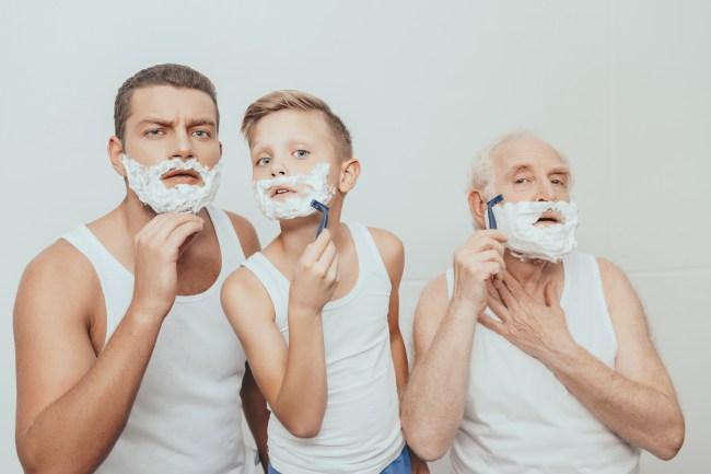 father, son, and grandfather shaving together