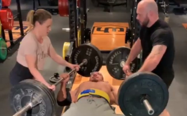Larry Wheels Presses 2 Barbells 245 pounds