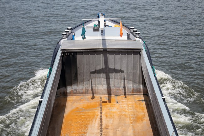 Aerial view at empty cargo deck sailing barge in the Netherlands