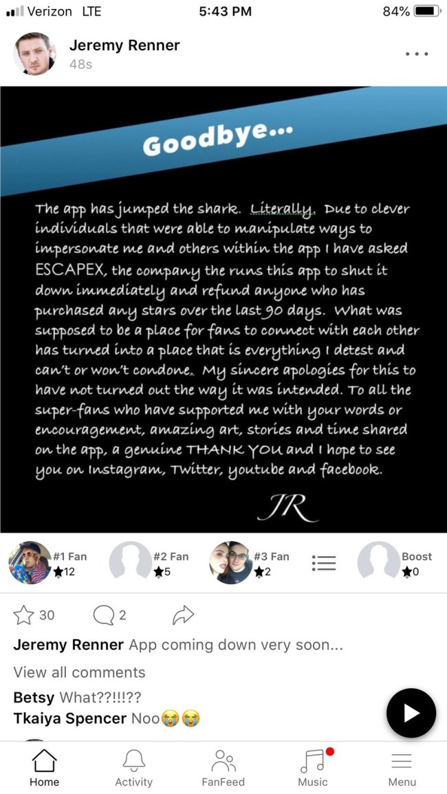 jeremy renner shuts down app trolling