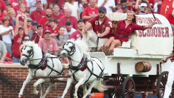 WATCH: Oklahoma’s Sooner Schooner Flips Over And Horses Run Wild On The Field