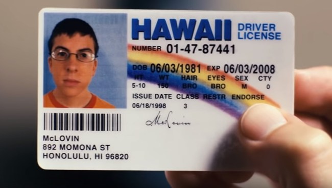 Underage man uses fake McLovin ID from Superbad to get into a bar in Iowa.
