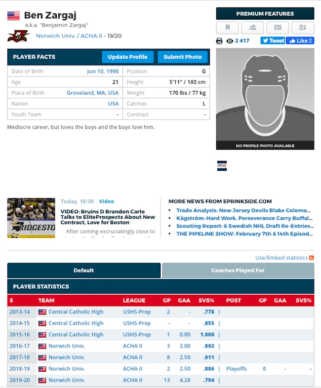 elite prospects college hockey player letter