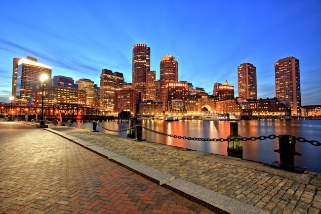 Boston Skyline with Financial District and Boston Harbor at Dusk