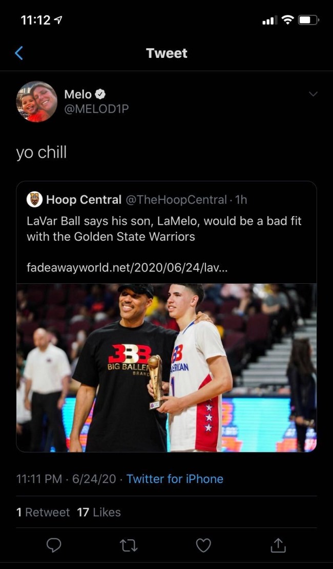 LaMelo Ball's Twitter reaction after hearing his dad, LaVar Ball, give his take about being drafted by the Warriors