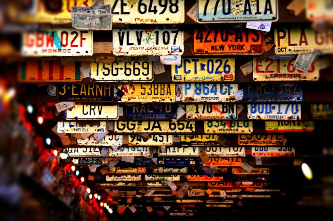 dive bar license plates on ceiling