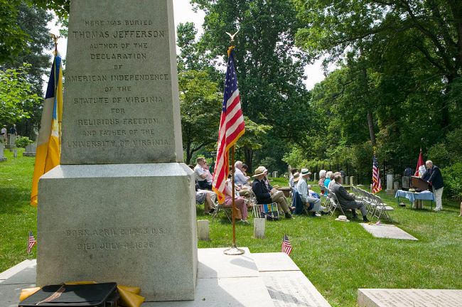 Gravestone of Thomas Jefferson with meeting of Peter Jefferson Society in The Monticello Graveyard, Charlottesville, VA