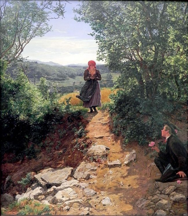 Time traveler woman with an iPhone as seen in Ferdinand Georg Waldmüller The expected one - This work is in the public domain