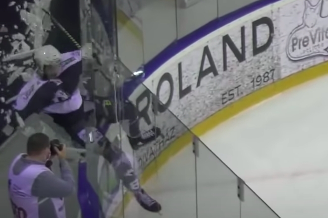 hungarian hockey breaks plexiglass celebrating goal