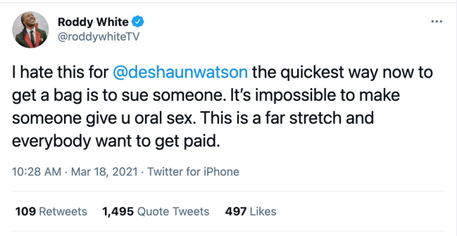 roddy white tweet deshaun watson lawsuit