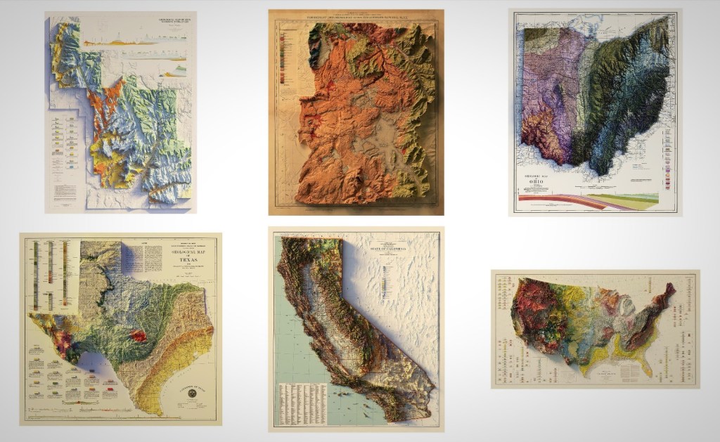 1900s geological relief maps USA states and parks