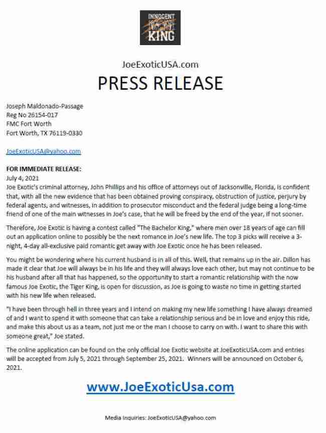 Joe Exotic Press Release Jail bachelor King