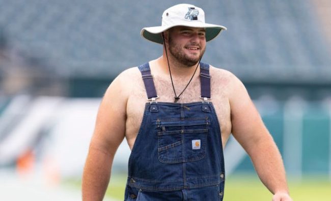 PHILADELPHIA, PA - AUGUST 19: Landon Dickerson #51 of the Philadelphia Eagles walks on the field prior to the preseason game against the New England Patriots at Lincoln Financial Field on August 19, 2021 in Philadelphia, Pennsylvania.