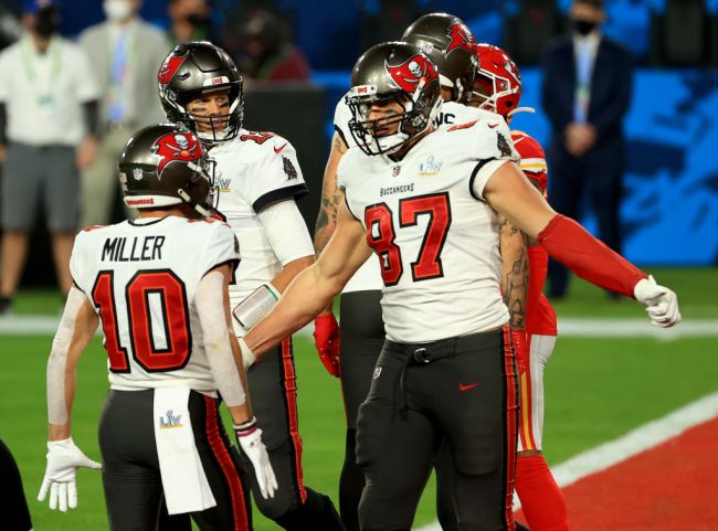 TAMPA, FLORIDA - FEBRUARY 07: Rob Gronkowski #87 of the Tampa Bay Buccaneers celebrates a touchdown with Scotty Miller #10 following a touchdown during the second quarter against the Kansas City Chiefs in Super Bowl LV at Raymond James Stadium on February 07, 2021 in Tampa, Florida.