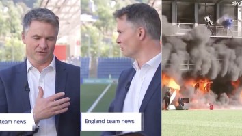 Blazing Fire Breaks Out During Live Broadcast, Reporter Calmly Pivots From Talking About Soccer To Raging Inferno