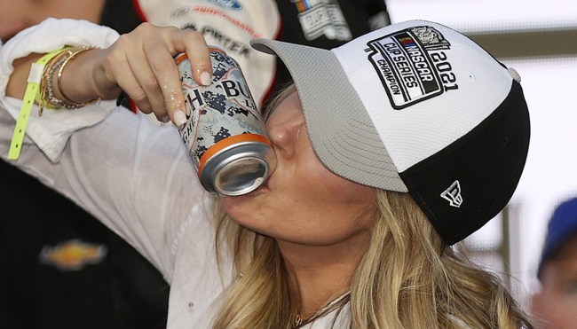 Kyle Larson wife Katelyn shotgunning beer