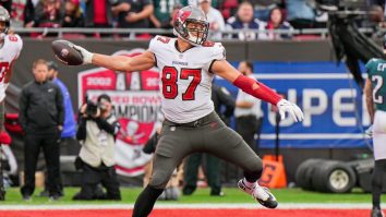 Rob Gronkowski Cracking Himself Up While Correcting A Reporter After NFC Wild Card Is Why He’s The Best