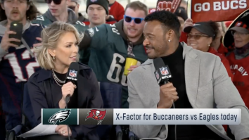 Patriots Fan Hilariously Gets Denied Trying To Get On TV Before Eagles/Buccaneers Playoff Game (Video)