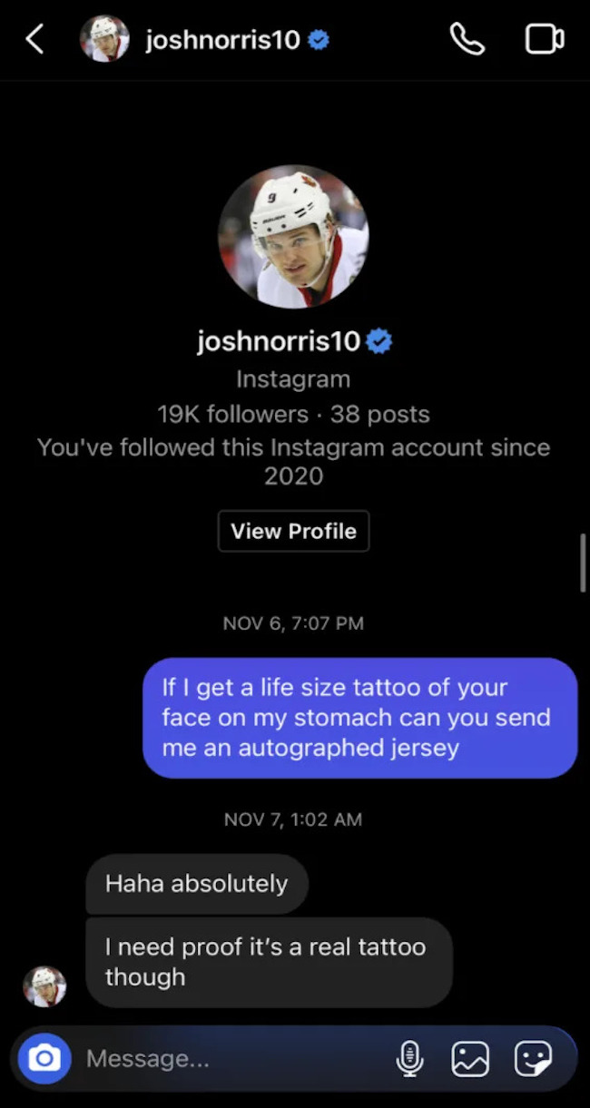 Josh Norris Tattoo Instagram Message