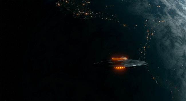 UFO flying past Earth