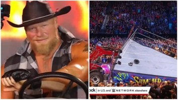 ‘Cowboy’ Brock Lesnar Came Out Driving A Tractor To SummerSlam, Lifted The Ring With Roman Reigns In It And It Was Awesome