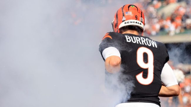 joe burrow running onto the field through a cloud of smoke
