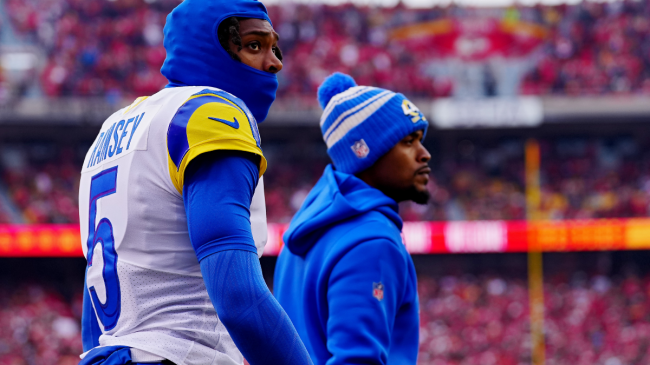 Jalen Ramsey watches from the sidelines.