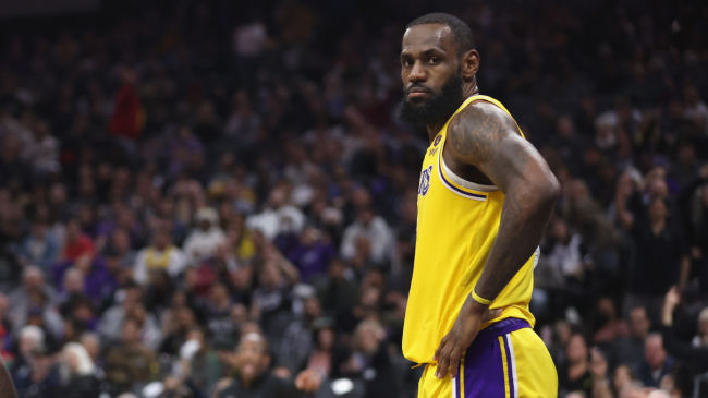 LeBron James stands on the court.