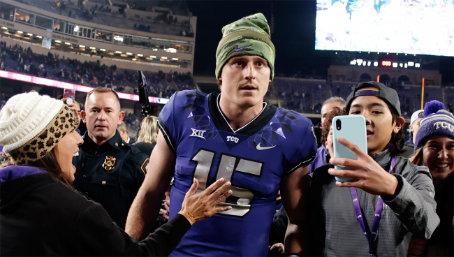 Max Duggan walks off field after game